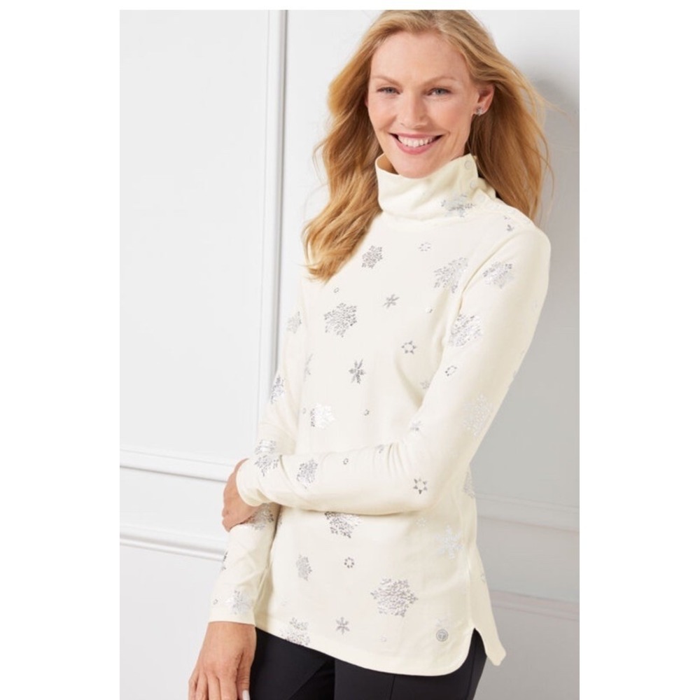 T by Talbots Womens Snowflake Metallic Pullover Mock Neck Top Ivory PL NWT